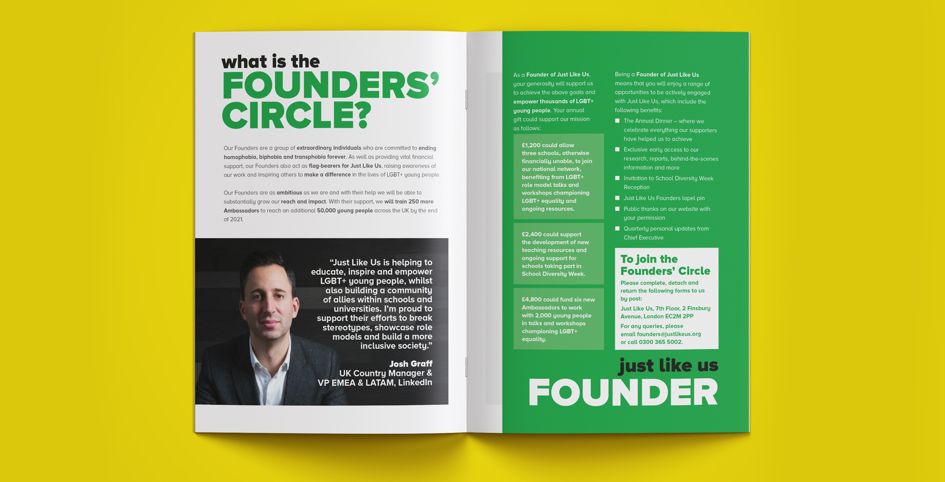 Just Like Us Founders Circle Brochure Design spread