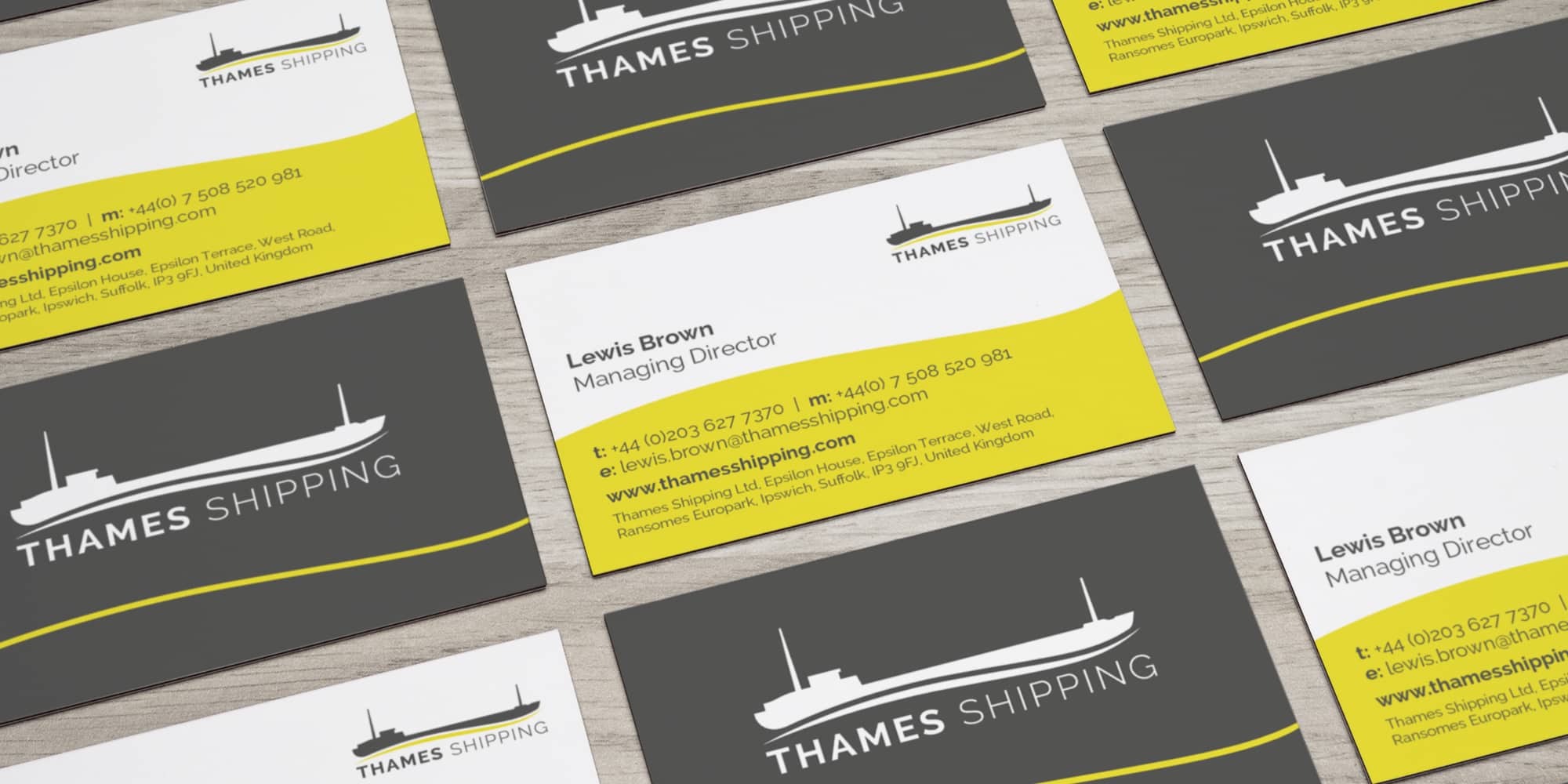 Shipping Company Rebrand Thames Shipping Business Cards MockUp